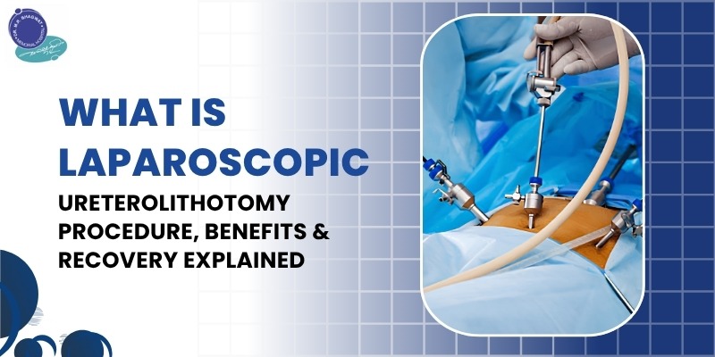 Laparoscopic ureterolithotomy procedure showing minimally invasive removal of ureteral stone using small incisions and surgical instruments.